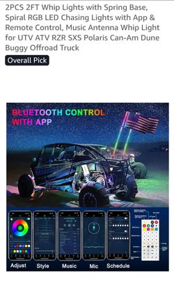 2PCS 2FT Whip Lights with Spring Base, Spiral RGB LED Chasing Lights with App & Remote Control, Music Antenna Whip Light for UTV ATV RZR SXS Polaris C