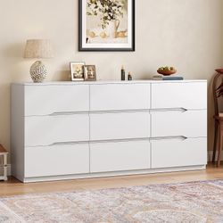 White 9 Drawer Dresser for Bedroom,60.3" Wide Chest of Drawers with Groove Handle,Modern Large Dressers with Slide Rail, Long Storage Cabinet for Livi