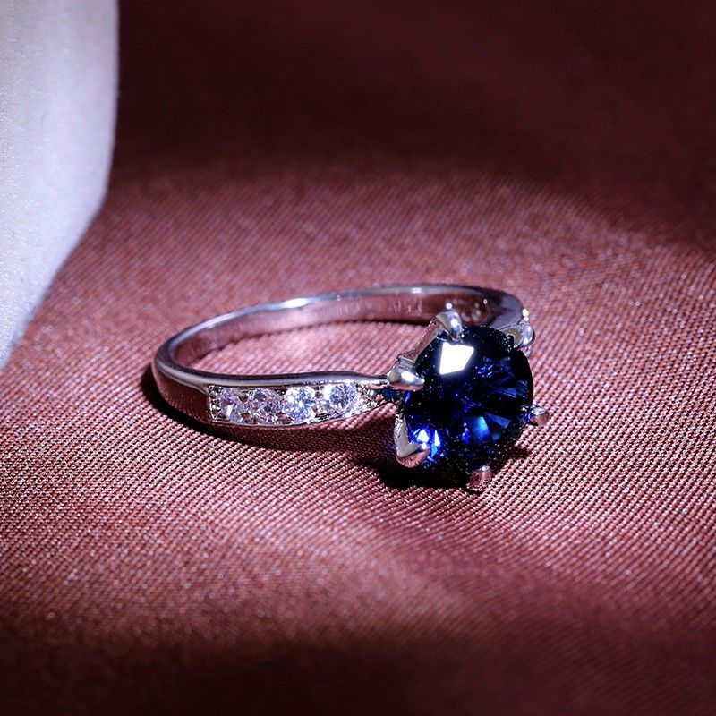 "Dainty Round Blue Gemstone Anillos Wedding Silver Ring for Women, VIP517
  