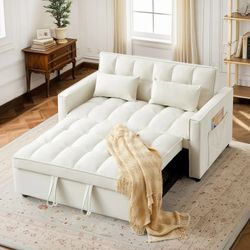 3 in 1 Convertible Pull Out Sofa Bed, 55" Velvet Sleeper Loveseat, Beige