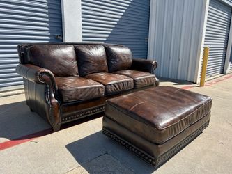 *FREE DELIVERY* Brown Real Leather Sofa Couch W/ Ottoman