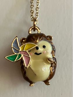 Miniature Hedgehog w/ Spinning Pinwheel Charm Pendant Necklace - Unique Jewelry