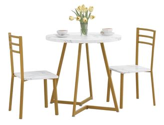 Modern 3-Piece Dining Set – Round Faux Marble Table + 2 Chairs
