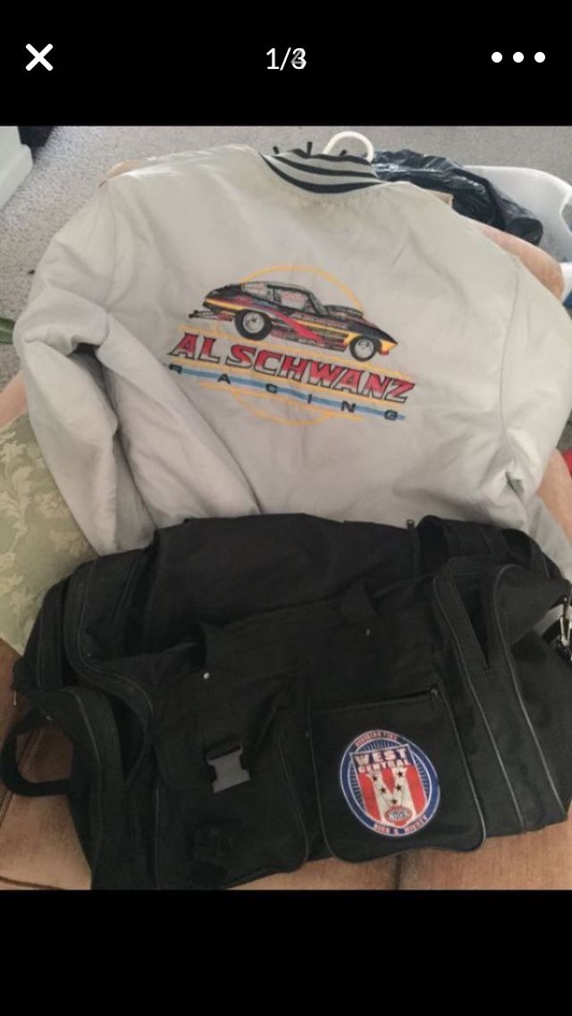 NHRA Satin Bomber Jacket and Duffle bag