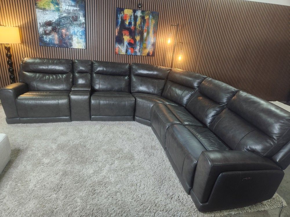 Lauretta 6-piece Gray Leather Power Reclining Sectional with Power Headrests