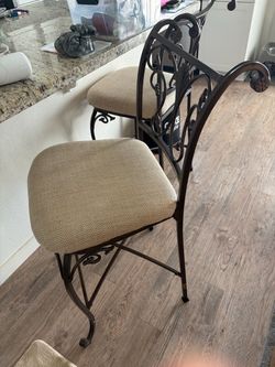 Ornate Metal Bar Stools with Upholstered Seats – Set of 2