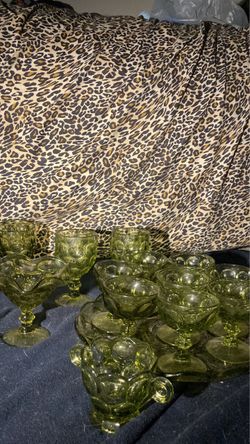 Vintage Green Glass Stemware and Dessert Cup Set