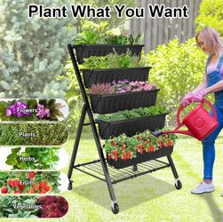 New 5-Tier Vertical Garden Bed with Lockable Caster Wheels and Storage Rack - 4FT Vertical Raised Bed with 5 Garden Planter Boxes- Perfect to Grow Veg