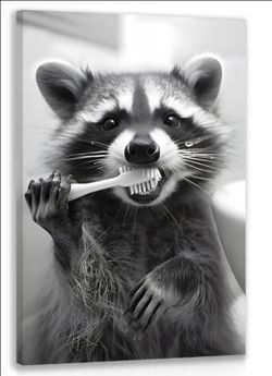 kilamino Wrapped Canvas Raccoon Brushing Teeth Bathroom Wall Art 16x24 in