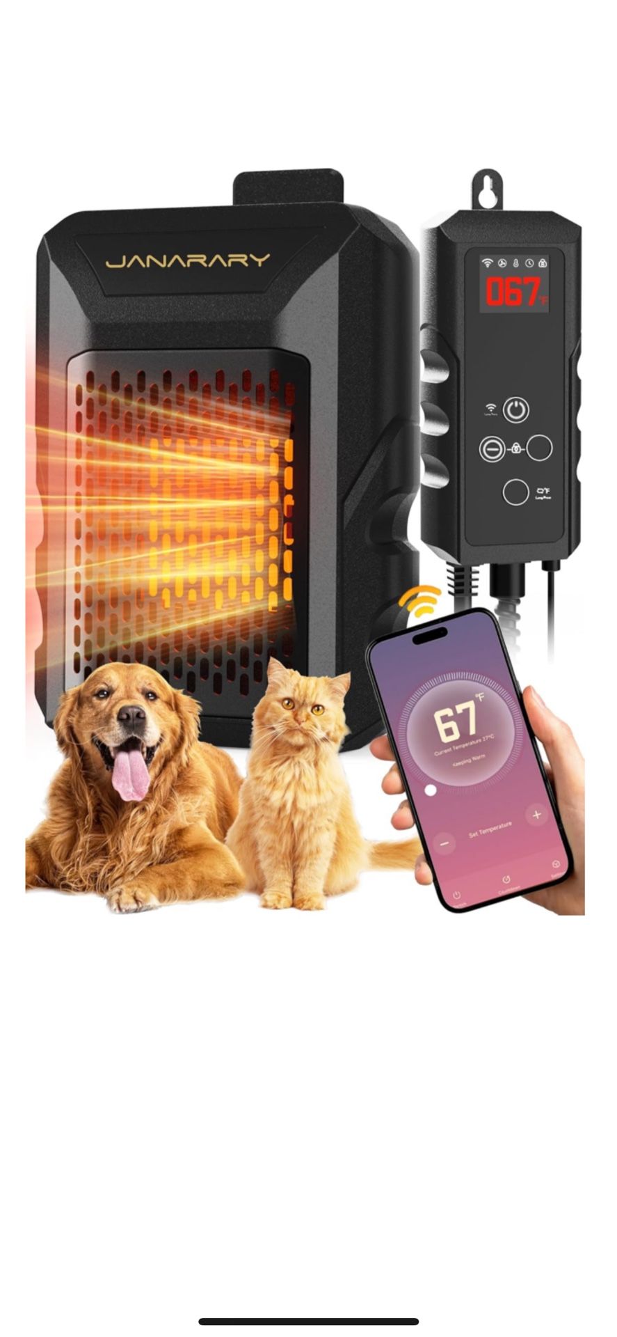Dog House Heater, Outdoor Pet Heater with Themostat & WiFi App Remote Control, IPX5 Waterproof Controller, Anti Chew Cord, 500W Safe and Fast Heaters