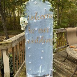 Custom Welcome to Our Wedding Arch Sign – Blue, Pearl & Floral Design