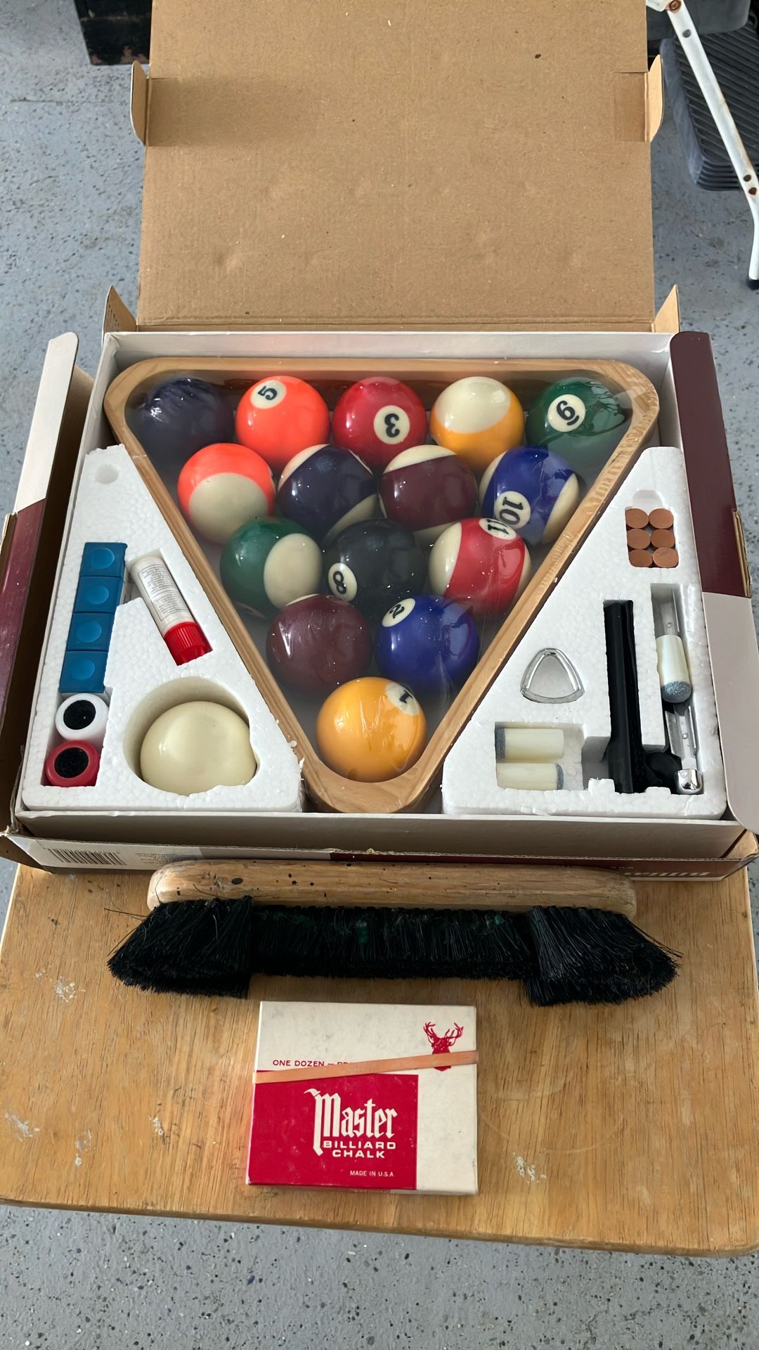 New In Box Billiard Starter Kit With Brush & Box Of Chalk