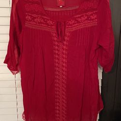 JOHNNY WAS - Embroidered Tunic - Crocheted Trim - Size  Large - Color Red