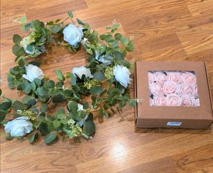 50ct Blush Pink Foam Roses + White Rose Floral Eucalyptus 6ft Garland Set
