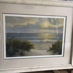 Beach pictures (two) with light wood frames