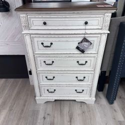 Ashley's Antiqued Two-Tone Finish Solid Wood 5-Drawer Chest, White/Brown/Beige Color, SKU#10B743C