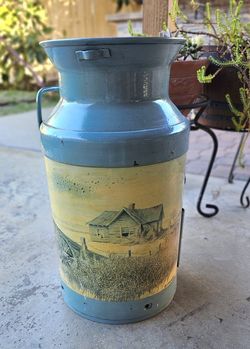 Vintage Metal Milk Can with Farmhouse Scene