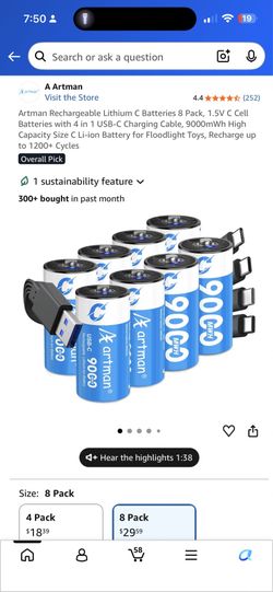 Rechargeable Lithium C Batteries 8 Pack
