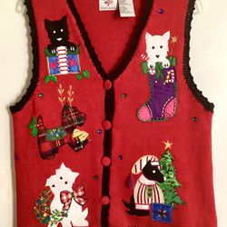 VTG Nut Cracker 5 Dogs Ugly Christmas Vest, 55% Ramie & 45% Cotton, Sz S