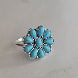 TURQUOISE  FLOWER BURST FASHION SILVER LADIES NEW SIZE 8 RING
