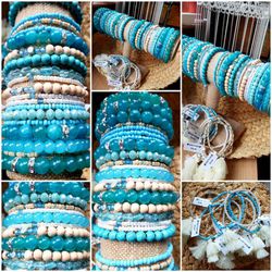 Gorgeous Aqua Ocean Colored Bracelets! All Hand Crafted With Love! Materials Include, Apatite, Blue Topaz, Wood, Agate, Blue Howlite & More