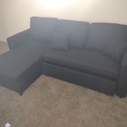 Black Linen Pull Out Sectional Sofa w/storage chaise