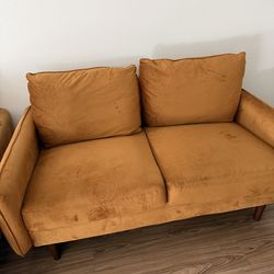 2 Velvet Loveseats + Ottoman + Wall Art – Burnt Orange Living Room Set