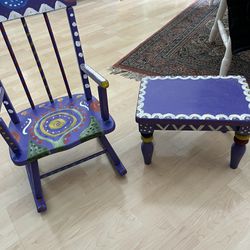 Child’s Rocking Chair And Stool. Hand Painted