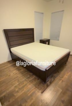 Bedroom set with bed frame, chest, nightstand, and mattress
