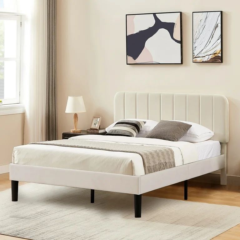 Queen Upholstered Bed Frame w/ Adjustable Headboard – Beige (Open Box)