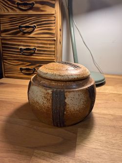 Handmade Studio Pottery Lidded Jar – Earth-Tone Glaze & Textured Bands