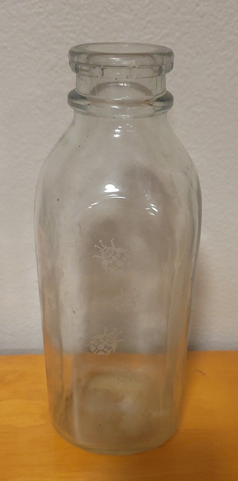 Vintage 1 Litre Milk Bottle w/etched Ladybugs 