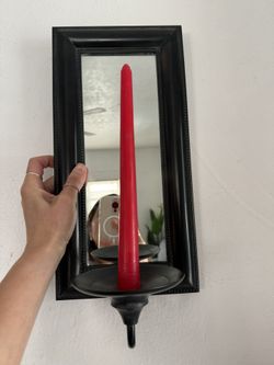 Wooden Framed Wall Mounted Mirror With Metal Candle Holder Set Of 2