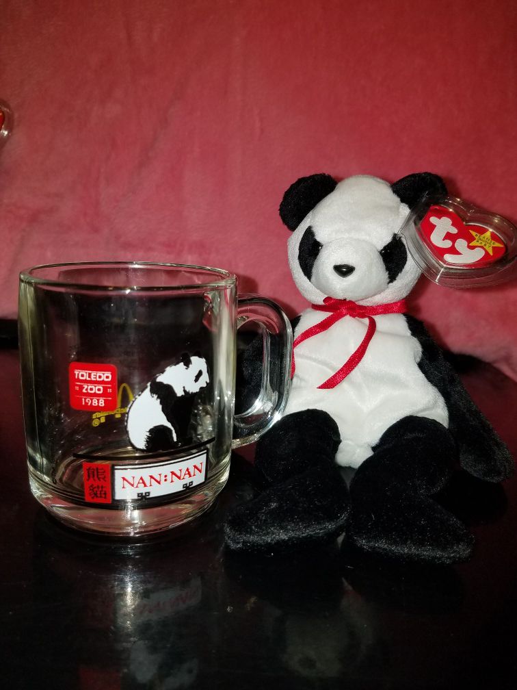 Panda glass mug and Ty Panda Beanie Baby lots