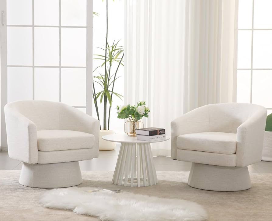 Linen Swivel Accent Chairs Set of Beige Barrel Arm Chair Round