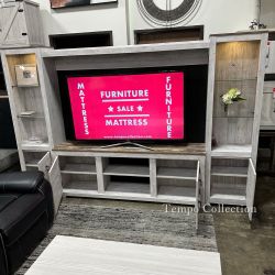 ENTERTAINMENT CENTER, TV STAND , 2 PIERS AND BRIDGE, WHITEWASH - [NEW]