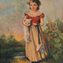 “Chums" or "A Lass With Her Kitten" by  Jane Freeman vintage lithograph print unframed