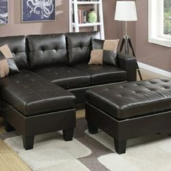 Brand New Espresso Leather Sectional Sofa With Ottoman 
