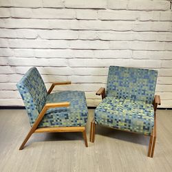 MCM Style Blue Wood & Textile Armchairs 2pc