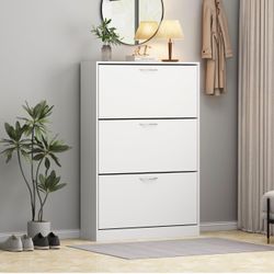 White Shoe Cabinet with 3 Flip Drawers