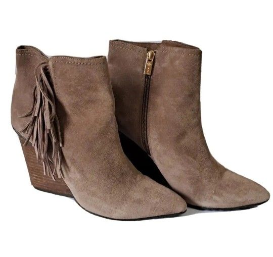 Isola Ankle Boots Women's Size 9M Antonella Suede Fringe Heeled Wedge Brown Tan