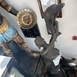 Metal Young Woman with Baby Dolphin Water Fountain 