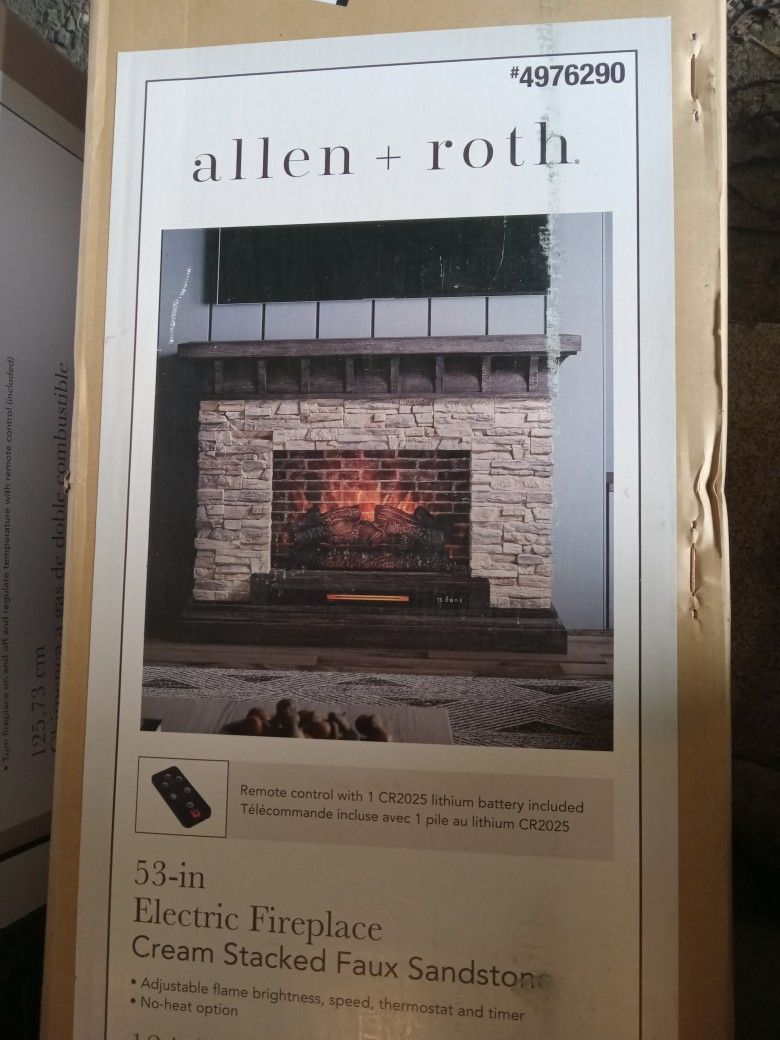 NEW Allen Roth 53" Electric Fireplace Cream Stacked Faux Sandstone