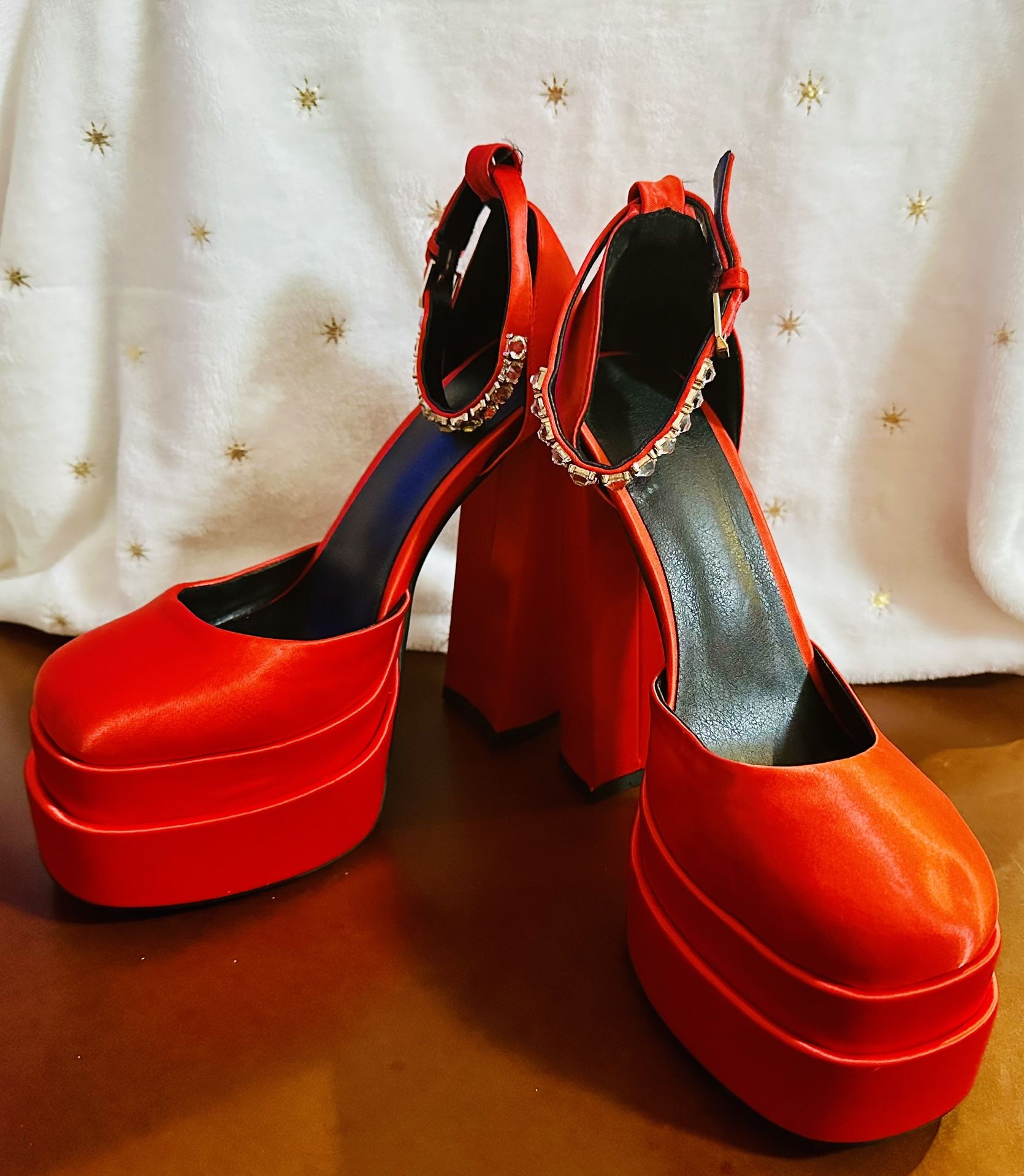 Women’s Platform Red Square Toe Heel with Rhinestone Strap Size 37 (which is size 6.5)
