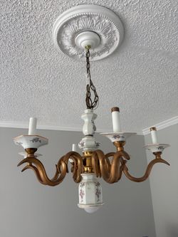 Vintage Porcelain and Brass 6- Arm Chandelier