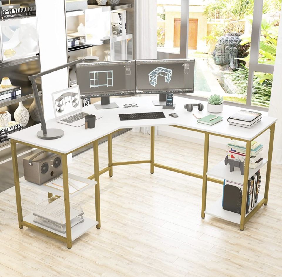 Elephance Large LShaped Computer Desk with Shelves, Modern Home Office