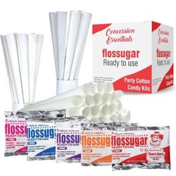 Concession Essentials New Carnival Party Cotton Candy Kits.Includes 100CT Cotton Candy Cones and 5 Packs of 8 Ounce Assorted Cotton Candy Sugar