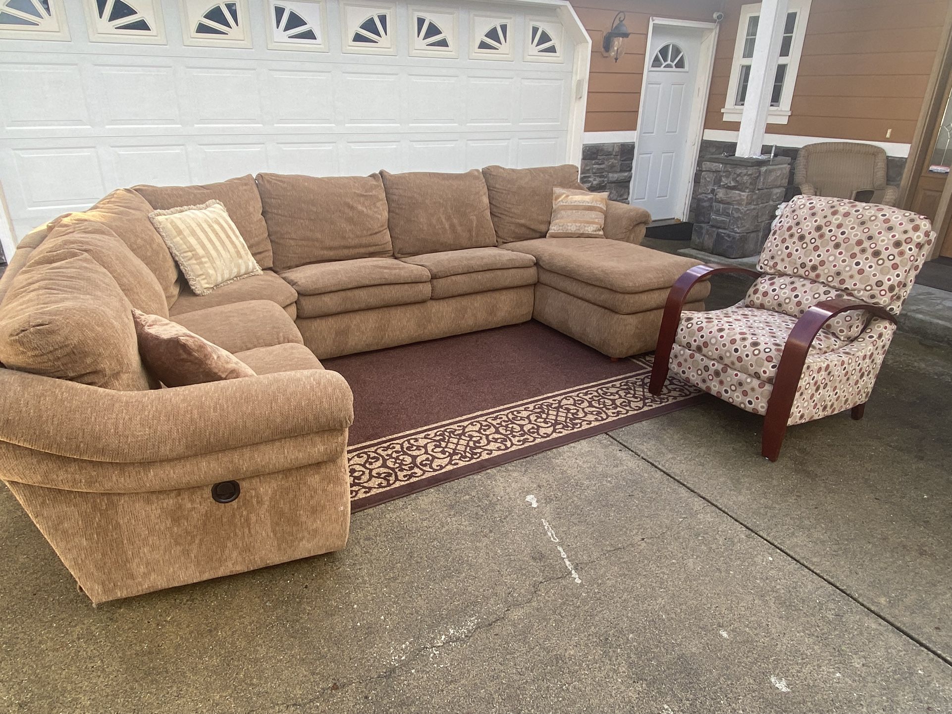 Sectional Couch With Chaise Lounge And Cherry Wood Recliner
