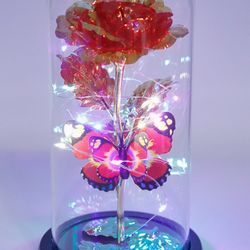 Valentines Day Butterfly Metallic Artificial Galaxy Rose Glass Dome LED Light Stand Valentines Gift!