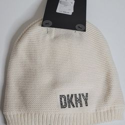 Brand new DKNY Ivory White Ribbed  Cuffed Beanie Hat Logo  With Gloves